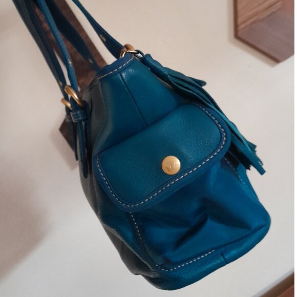 Leather 100% Nylon Trim The Sak Teal Blue Gold Shoulder Bag Medium - Picture 2 of 9